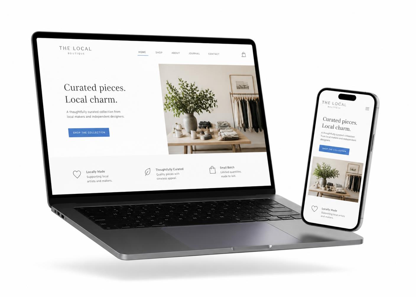 Website und Online-Shop eines lokalen Geschäfts auf Laptop und Smartphone